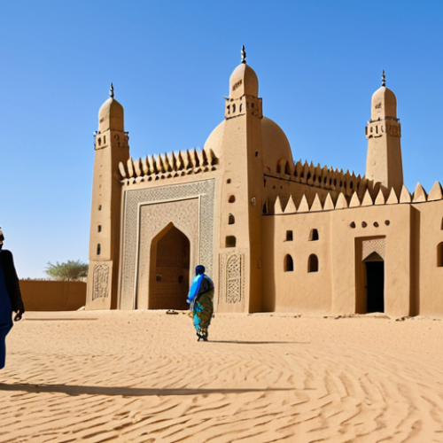 **

A professional photographer's shot of the Djinguereber Mosque in Timbuktu at midday. The mosque is constructed of mud and wood, showcasing traditional Saharan architecture. Clear blue sky in the background. People in modest, traditional clothing are walking near the mosque. Perfect anatomy, correct proportions, natural pose, well-formed hands, proper finger count, natural body proportions, safe for work, appropriate content, fully clothed, professional, modest, family-friendly.

**
