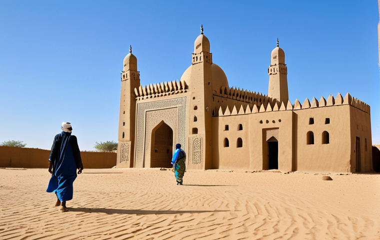**

A professional photographer's shot of the Djinguereber Mosque in Timbuktu at midday. The mosque is constructed of mud and wood, showcasing traditional Saharan architecture. Clear blue sky in the background. People in modest, traditional clothing are walking near the mosque. Perfect anatomy, correct proportions, natural pose, well-formed hands, proper finger count, natural body proportions, safe for work, appropriate content, fully clothed, professional, modest, family-friendly.

**