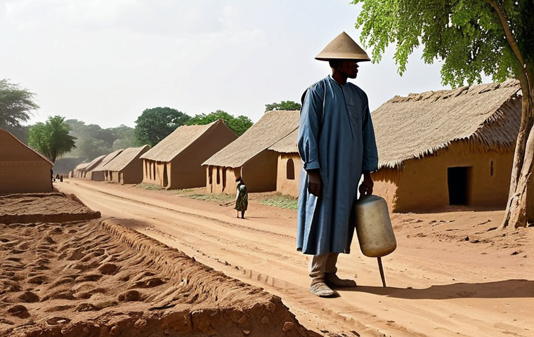 **
"Historical scene depicting a village in Mali during the French colonial period, 1920s. Villagers, fully clothed in traditional modest attire, are farming in a field. A French administrator in a pith helmet and appropriate colonial dress observes from a distance. Background shows traditional mud-brick houses and a dusty landscape. Safe for work, appropriate content, historical accuracy, natural lighting, perfect anatomy, natural proportions, professional illustration, high quality."
**