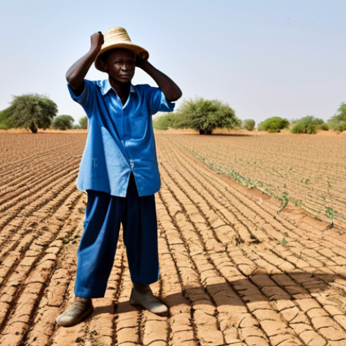 **Prompt:** Malian farmer, fully clothed, inspecting drought-resistant crops in a field, appropriate attire, safe for work, showcasing adaptation to climate change, arid landscape, perfect anatomy, professional photography, high quality, family-friendly.