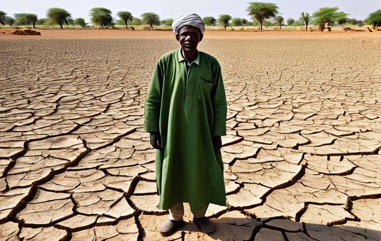**
"A Malian farmer in a vast, dry field, looking at a cracked, barren landscape. He is fully clothed in traditional, modest clothing. In the background, a desolate village. Safe for work, appropriate content, professional depiction of the effects of drought, perfect anatomy, natural proportions, realistic style."
**