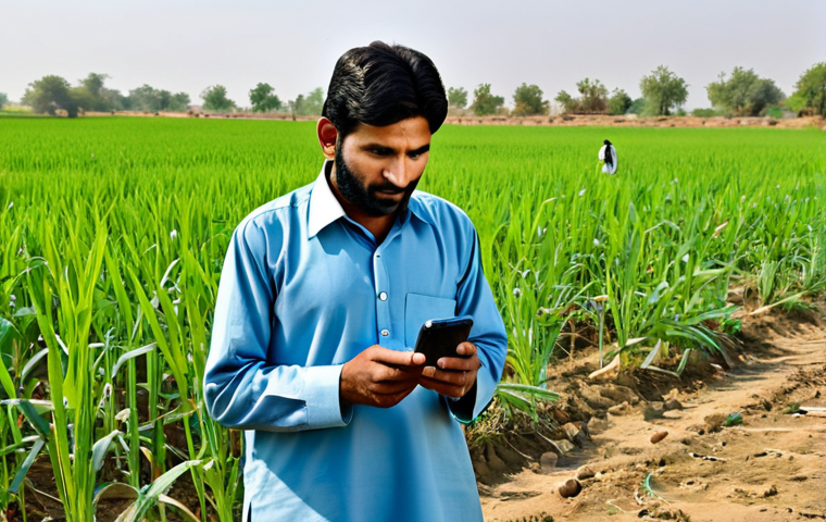 말리에서의 스마트폰 사용률 - Rural Farmer Using Smartphone**
"A Pakistani farmer in a rural field, fully clothed in traditional ...