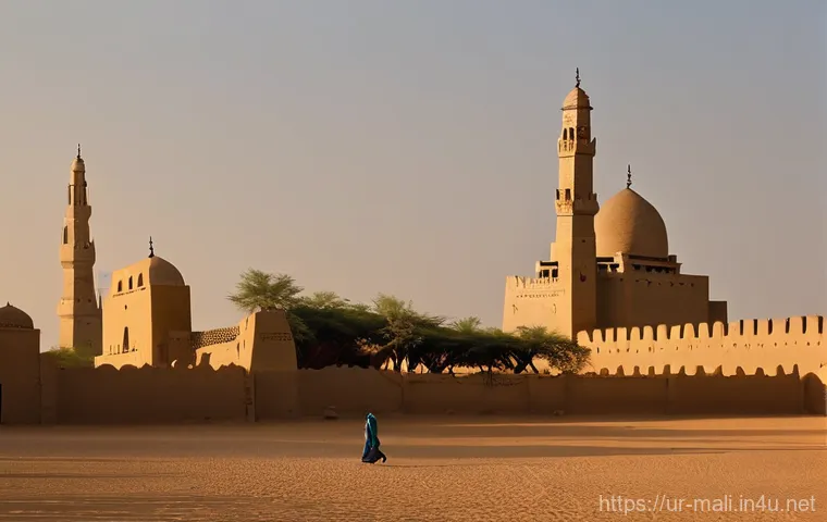 말리의 종교 의식과 행사 - **Prompt 1: Spiritual Grandeur of Timbuktu**
"An awe-inspiring wide shot of the ancient Djinguer...