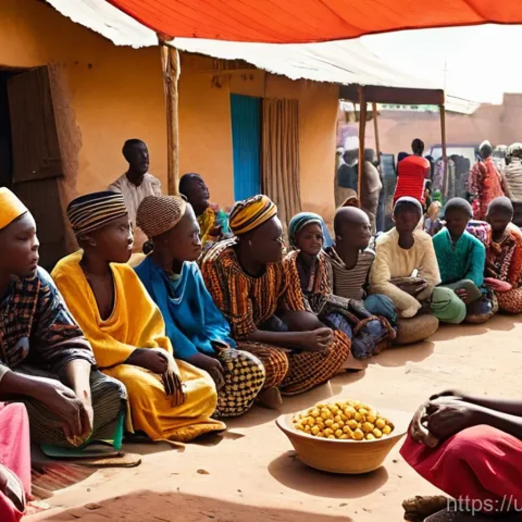 말리 주요 부족 언어 - **Vibrant Bambara Market and Storytelling:**
    "A bustling and colorful open-air market in Bamako,...