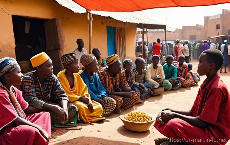말리 주요 부족 언어 - **Vibrant Bambara Market and Storytelling:**
"A bustling and colorful open-air market in Bamako,...