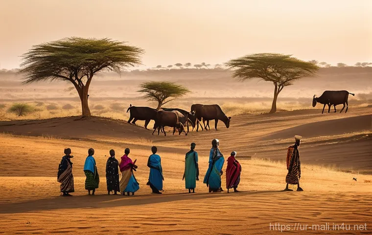 말리 주요 부족 언어 - **Vibrant Bambara Market and Storytelling:**
    "A bustling and colorful open-air market in Bamako,...
