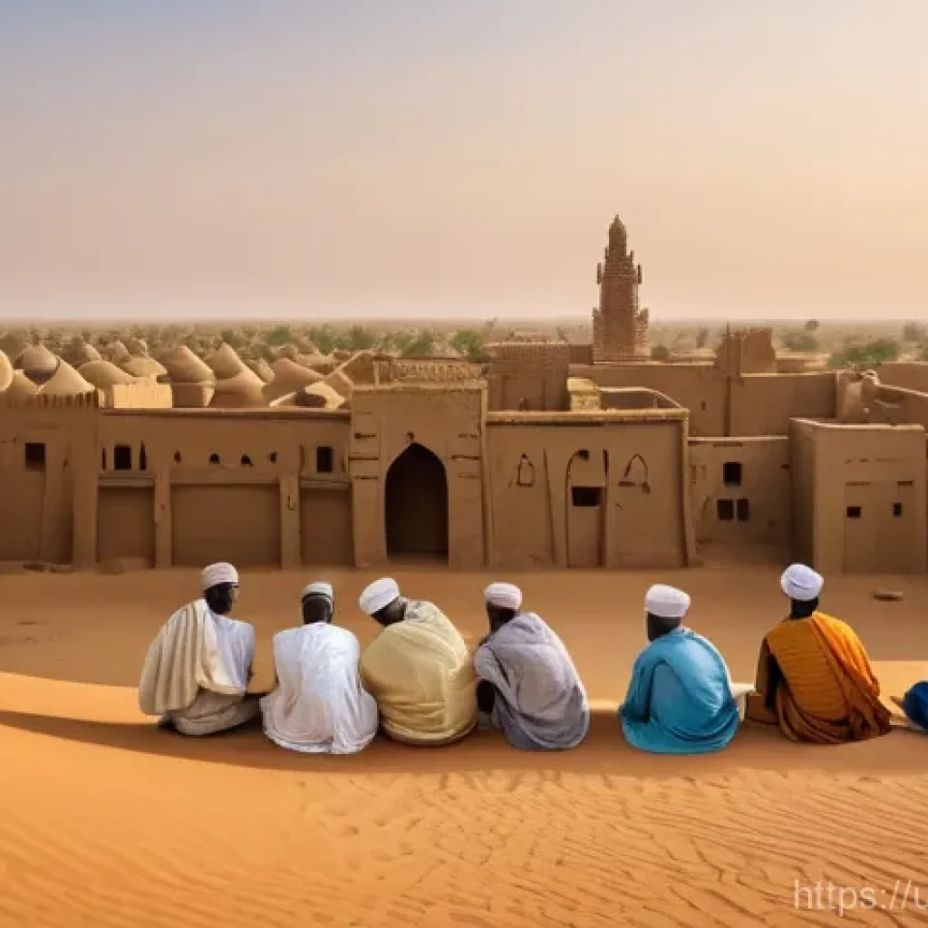 말리에서의 관광 산업 발전 가능성 - **Prompt:** A serene and majestic panoramic view of the ancient city of Timbuktu, Mali, under a clea...