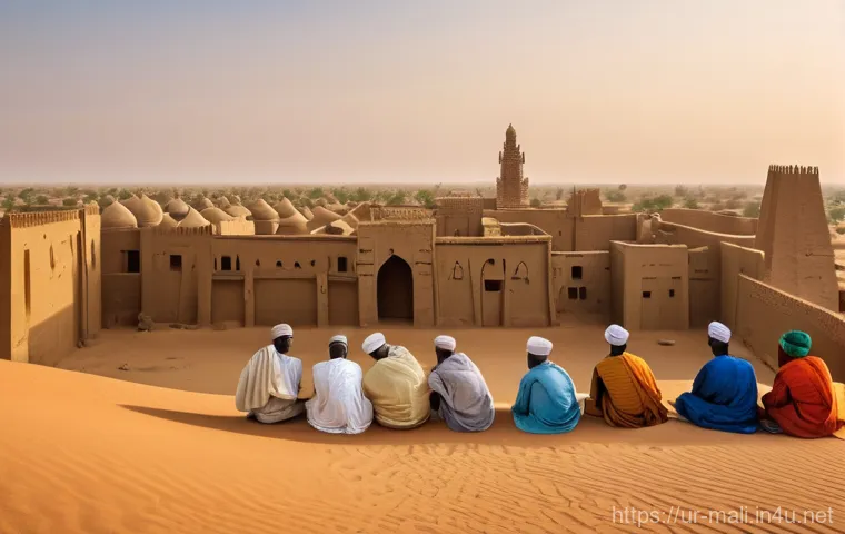 말리에서의 관광 산업 발전 가능성 - **Prompt:** A serene and majestic panoramic view of the ancient city of Timbuktu, Mali, under a clea...