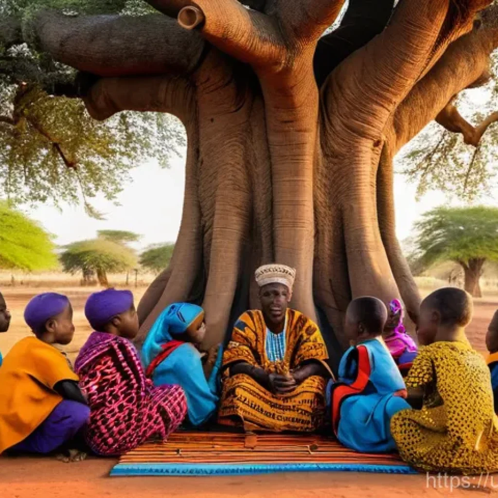 말리의 영화 산업 - **Prompt:** "A vibrant Malian village scene at golden hour. An elderly griot, adorned in a richly pa...