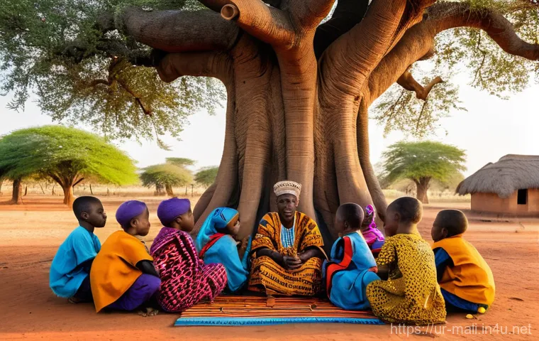 말리의 영화 산업 - **Prompt:** "A vibrant Malian village scene at golden hour. An elderly griot, adorned in a richly pa...