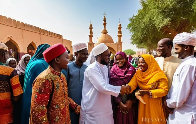 말리 기독교 공동체 - **"Malian Interfaith Harmony: Festive Celebration"**
A vibrant, wide-angle shot of a diverse gro...