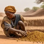 말리 광산업과 자원 - **Prompt: "A poignant scene depicting the harsh realities of artisanal gold mining in a dusty, open-...