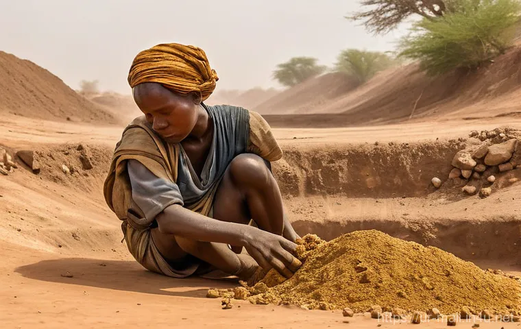 말리 광산업과 자원 - **Prompt: "A poignant scene depicting the harsh realities of artisanal gold mining in a dusty, open-...