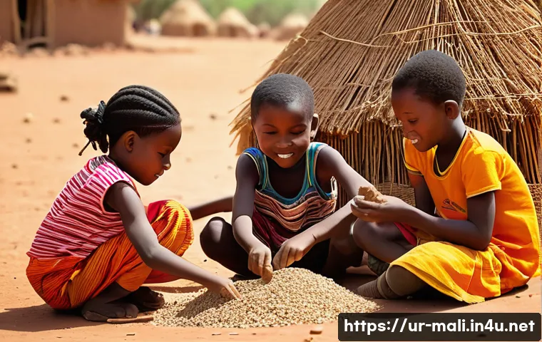 말리의 전통 놀이와 어린이 문화 - A joyful group of Malian children, aged 6-10, dressed in simple, modest everyday clothes, are deeply...
