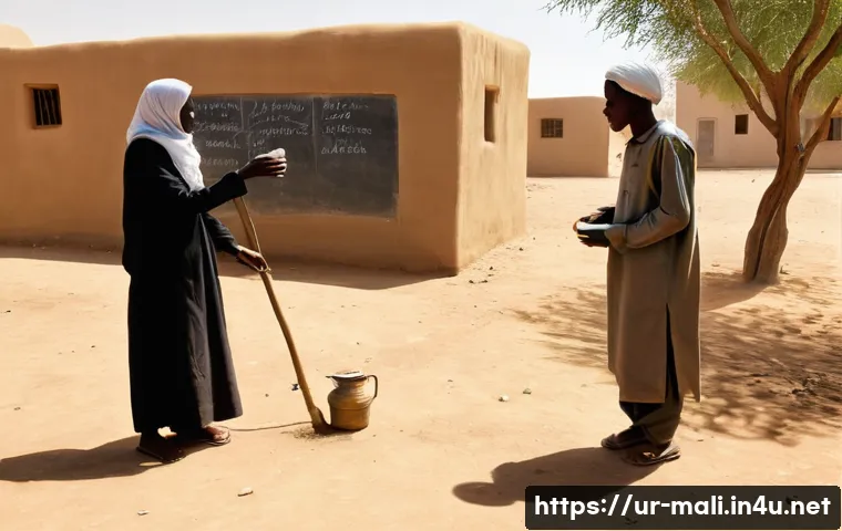 말리와 알카에다 연계 조직 - **Prompt 1: Community Support in a Sahelian Village**
"A peaceful scene in a remote, dusty villa...